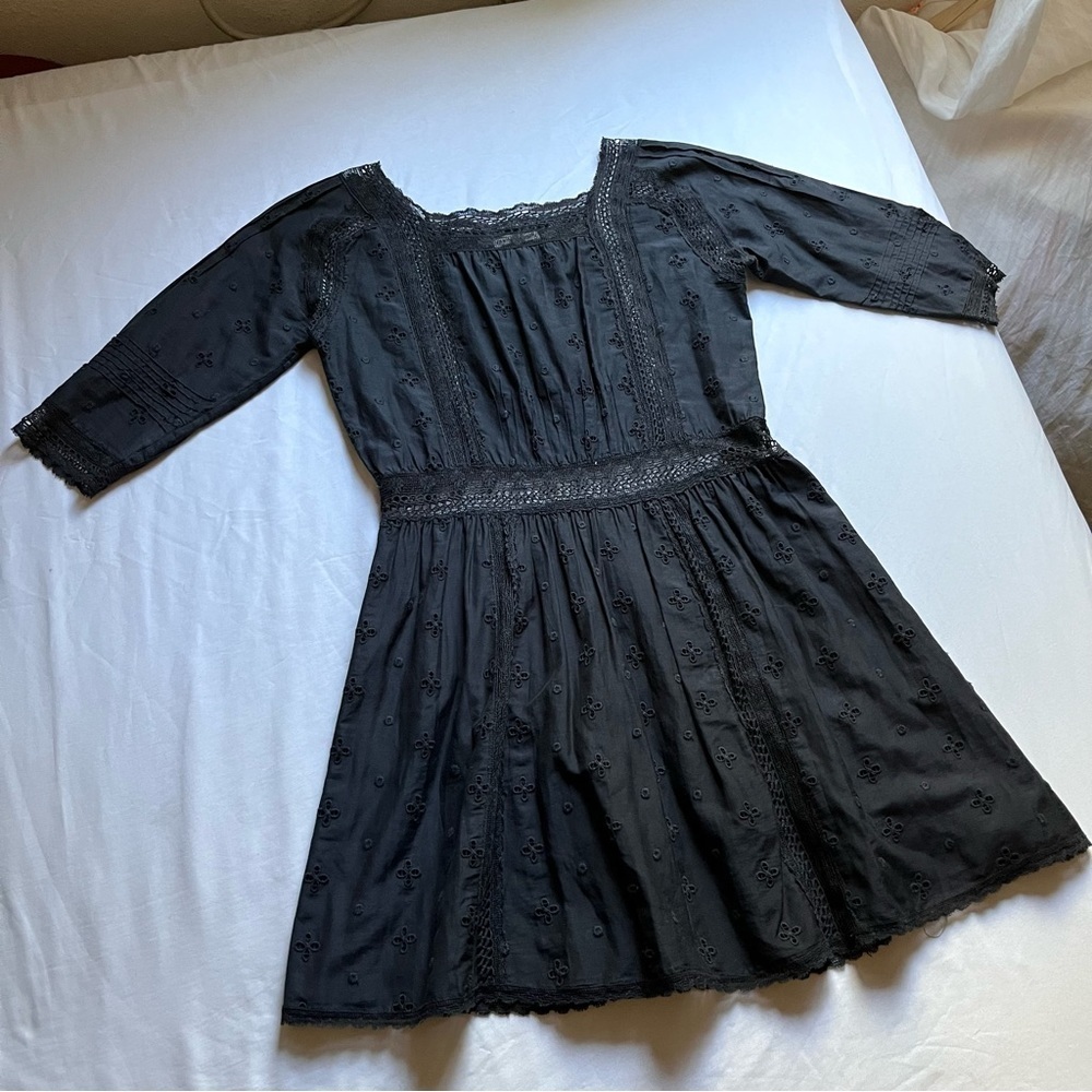 ULLA JOHNSON cotton silk blend black eyelet lace trim short sleeve mini dress